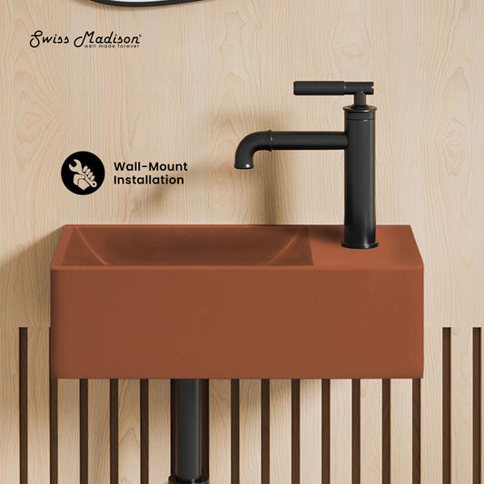 Swiss Madison, Lisse 16" Concrete Rectangle Wall-Mounted Sink with Right Side Faucet Mount in Matte Terracotta