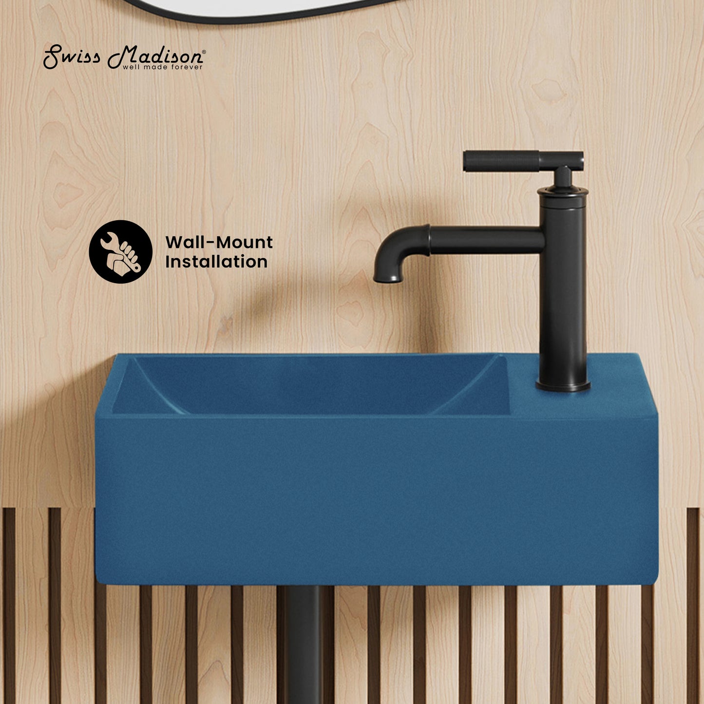 Swiss Madison, Lisse 16" Concrete Rectangle Wall-Mounted Sink with Right Side Faucet Mount in Matte Royal Blue