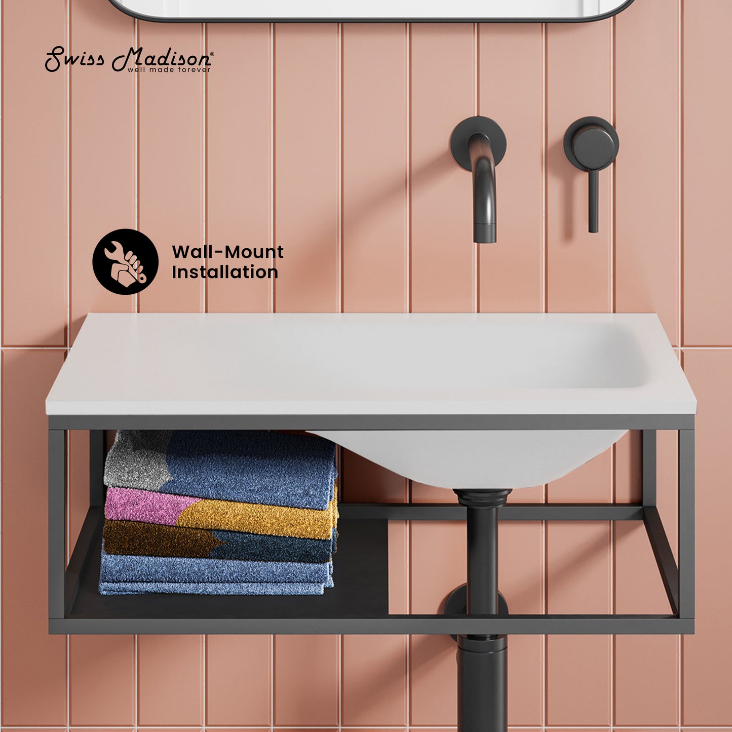 Swiss Madison, Lisse 24" Rectangle Concrete Wall-Mount Bathroom Sink in Matte White with Matte Black Frame