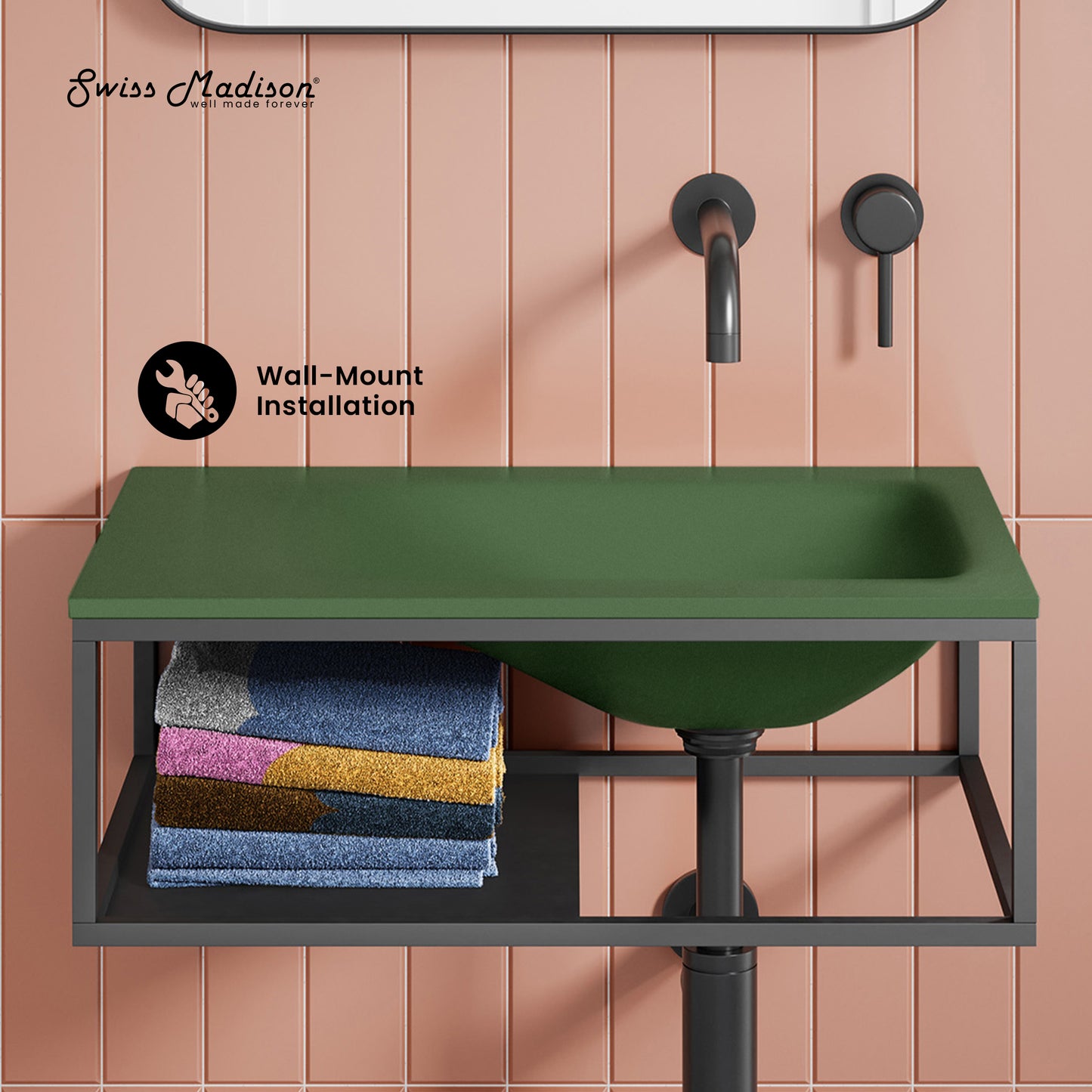 Swiss Madison, Lisse 24" Rectangle Concrete Wall-Mount Bathroom Sink in Royal Green with Matte Black Frame