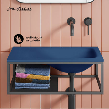 Swiss Madison, Lisse 24" Rectangle Concrete Wall-Mount Bathroom Sink in Royal Blue with Matte Black Frame