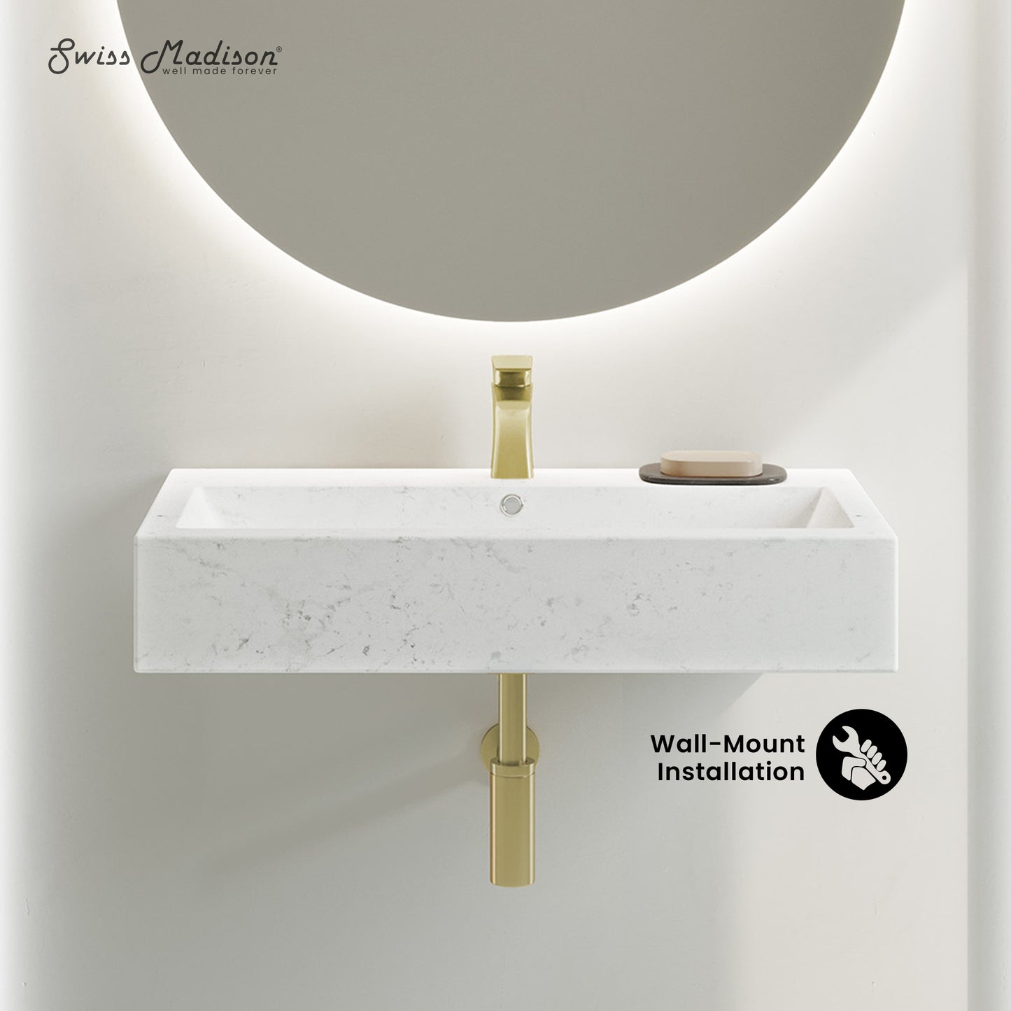 Swiss Madison, Voltaire Wide Rectangle Wall Hung Sink in Static Marble