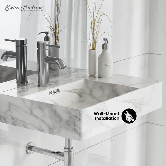 Swiss Madison, St. Tropez 24" Left Side Faucet Wall-Mount Bathroom Sink in White Marble