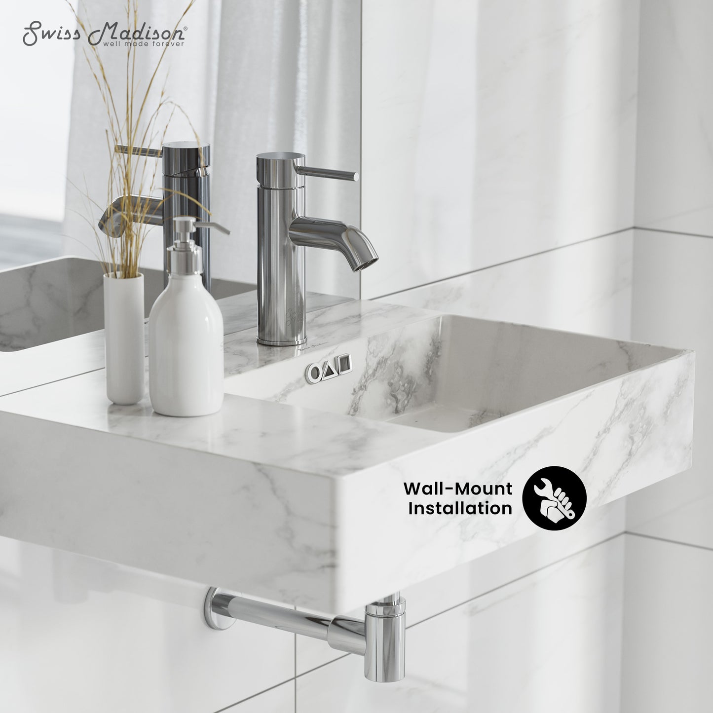 Swiss Madison, St. Tropez 24" Right Side Faucet Wall-Mount Bathroom Sink in White Marble