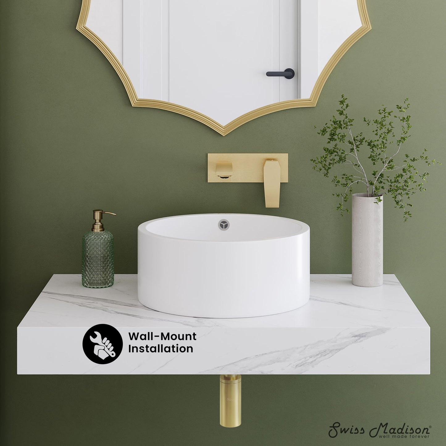 Swiss Madison, Monaco 36" Floating Bathroom Shelf with Vessel Sink in White Marble