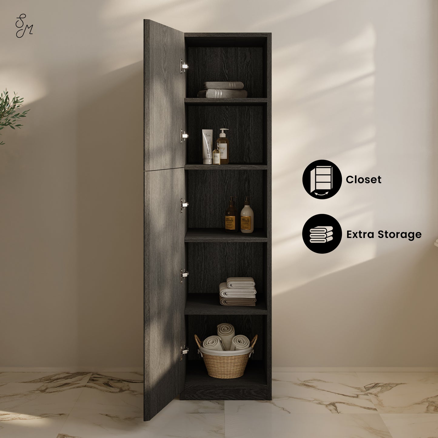 Swiss Madison, St. Tropez 15 x 15 x 60 Freestanding Linen Cabinet in Black Oak
