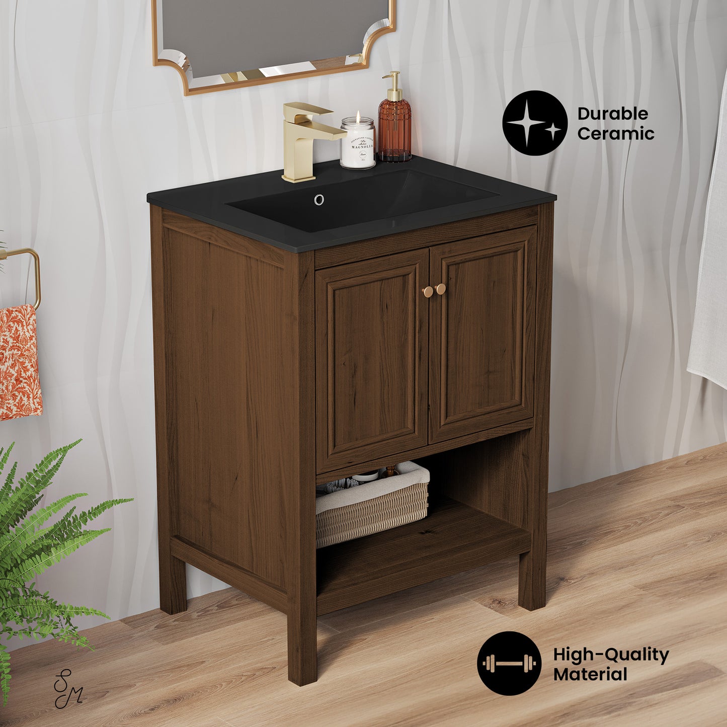 Swiss Madison, Chateau 24" Freestanding Bathroom Vanity in Brown Oak with Black Sink Top
