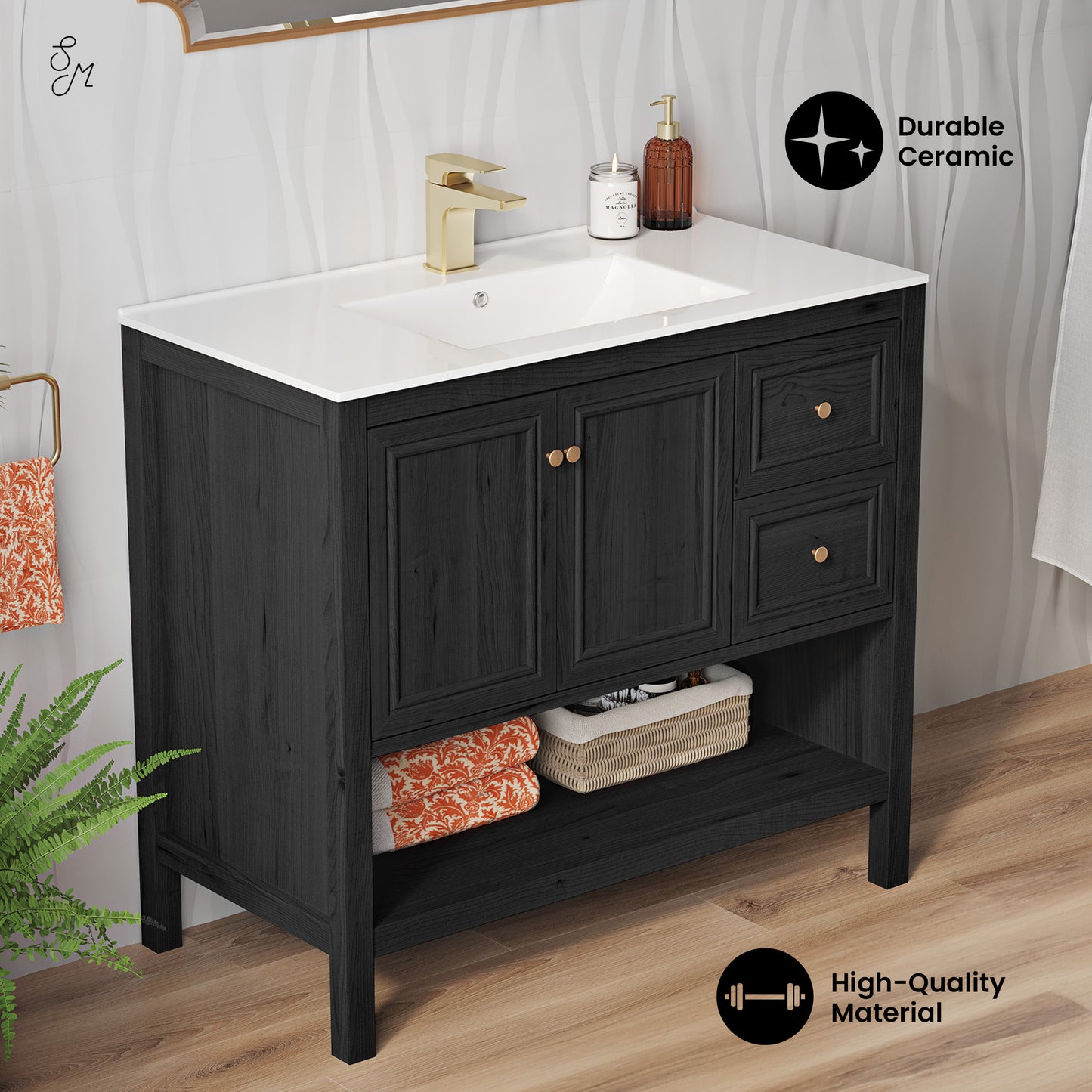 Swiss Madison, Chateau 36" Freestanding Bathroom Vanity in Black Oak with Sink Top