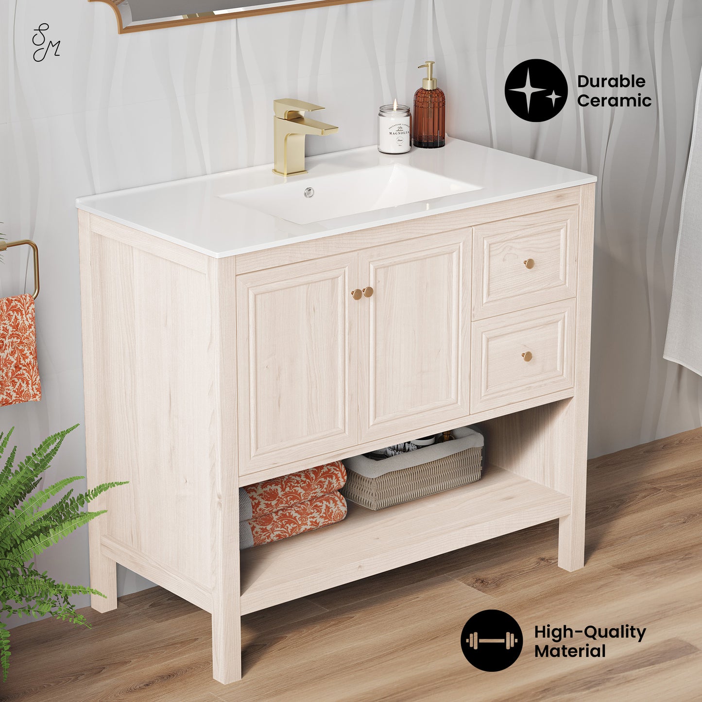 Swiss Madison, Chateau 36" Freestanding Bathroom Vanity in White Oak with Sink Top