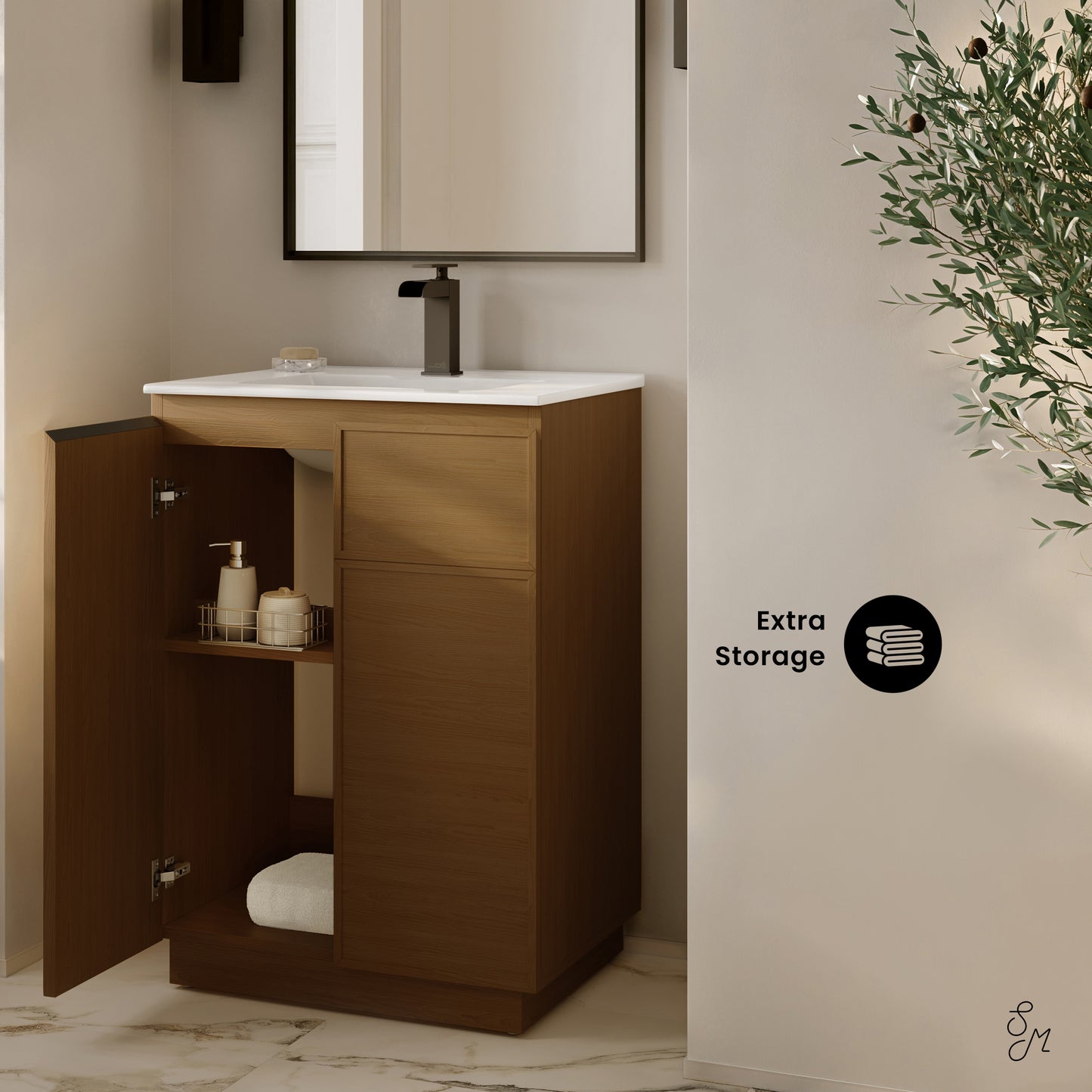 Swiss Madison, St. Tropez 24" Freestanding Bathroom Vanity in Brown Oak with Sink Top