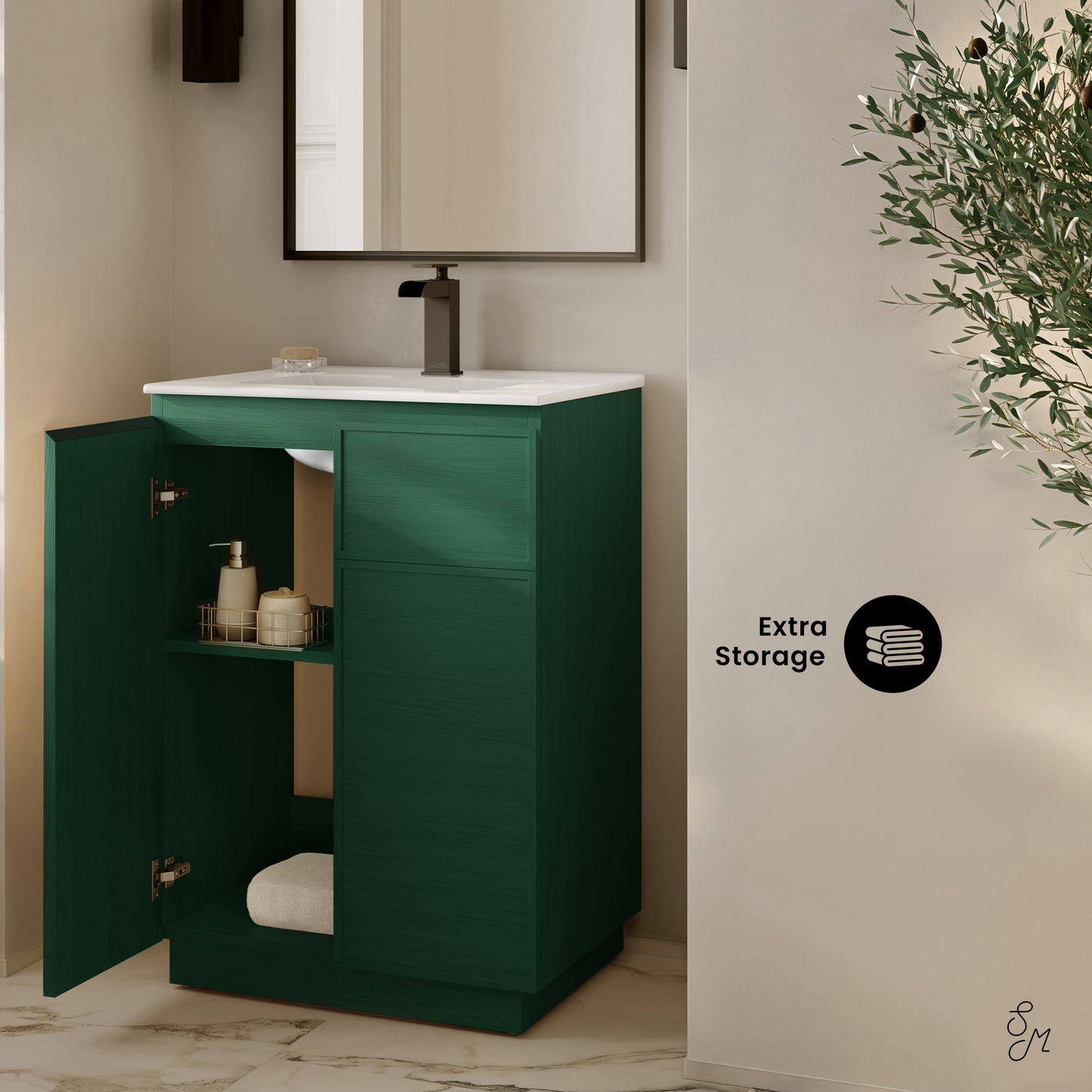 Swiss Madison, St. Tropez 24" Freestanding Bathroom Vanity in Green Oak with Sink Top