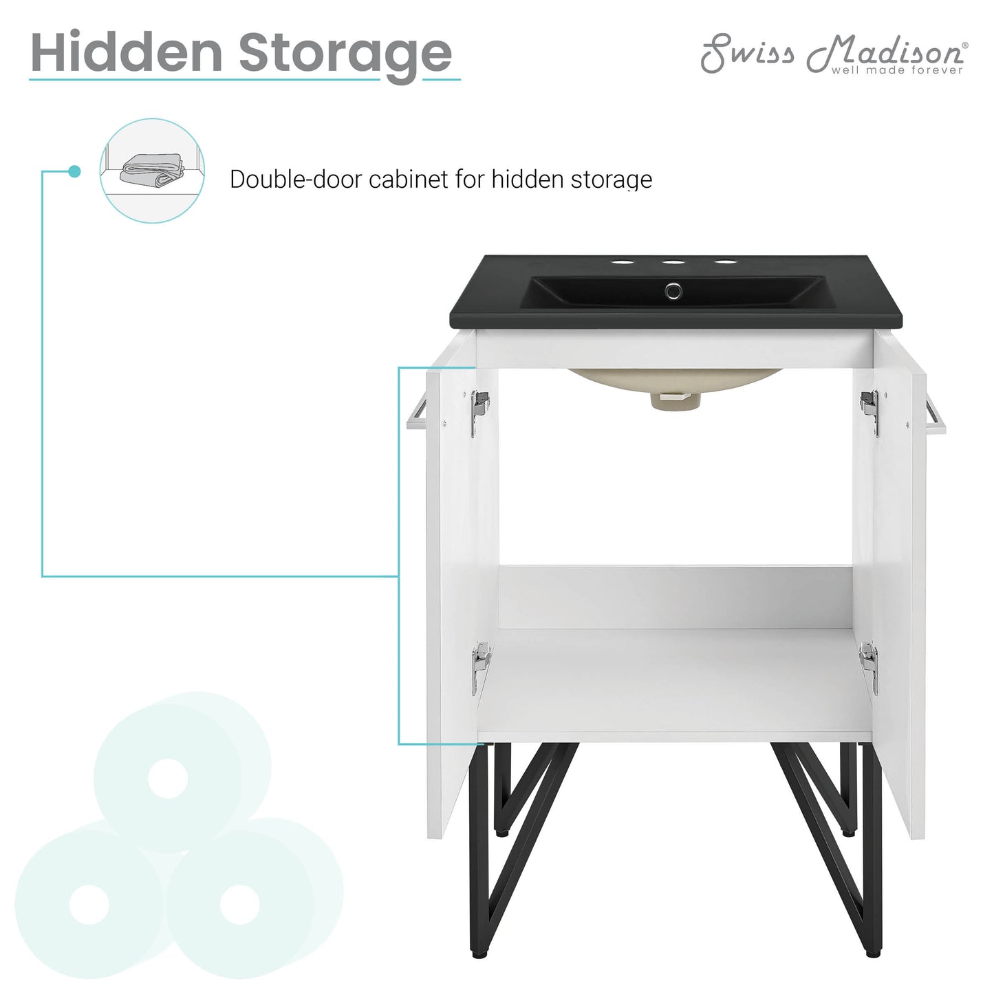 Swiss Madison, Annecy 24 in. White Bathroom Vanity With Black, 3-Hole Ceramic Sink Top