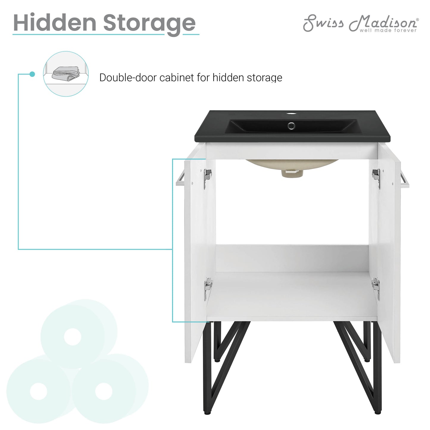 Swiss Madison, Annecy 24 in. White Bathroom Vanity With Black Ceramic Sink Top