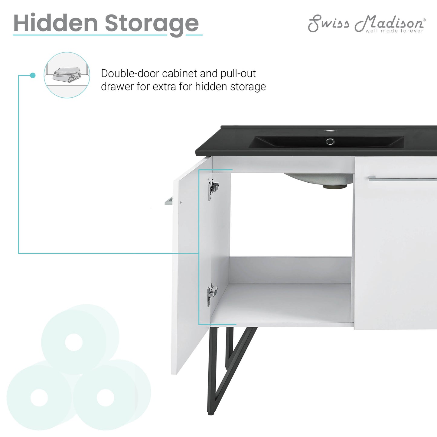 Swiss Madison, Annecy 60 in. White, Double Basin Bathroom Vanity With Black Artificial Stone Sink Top