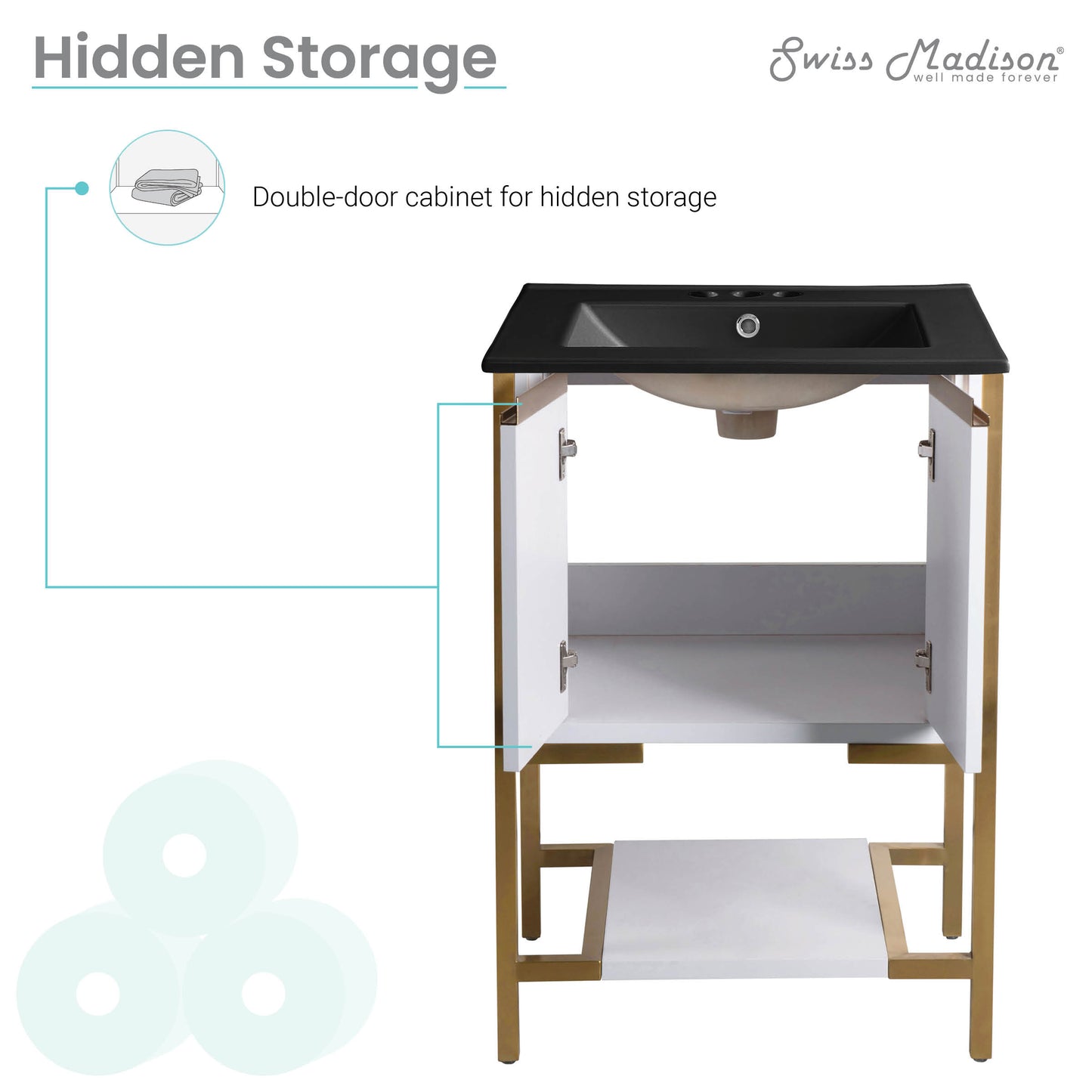 Swiss Madison, Marseille 24 in. White Bathroom Vanity With Black, 3-Hole Ceramic Sink Top