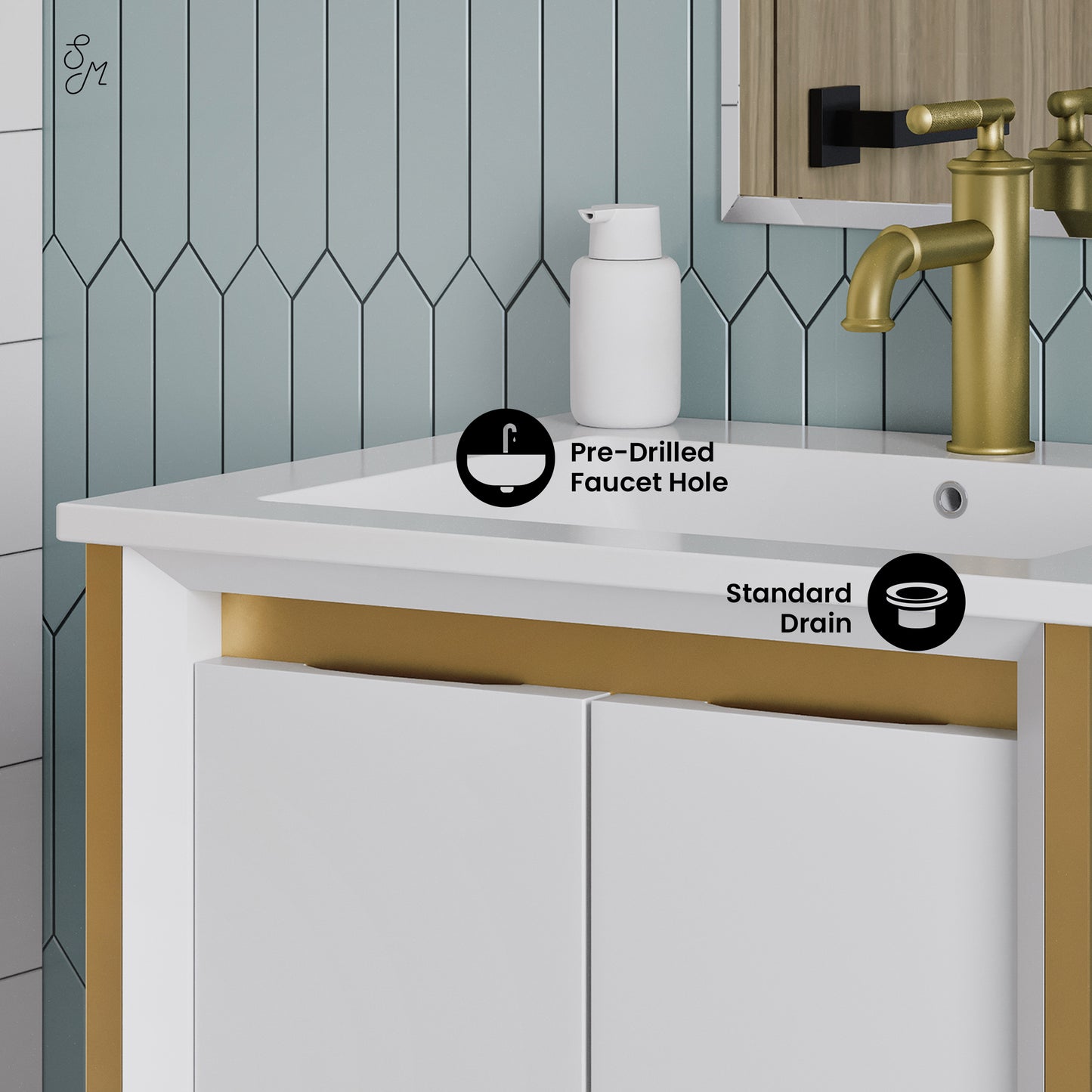 Swiss Madison, Marseille 24" Bathroom Vanity in White and Brushed Gold