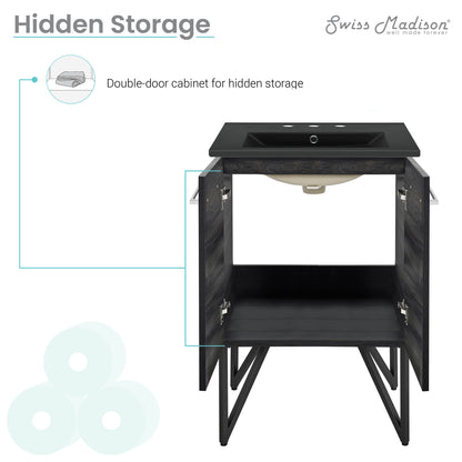 Swiss Madison, Annecy 24 in. Black Walnut Bathroom Vanity With Black, 3-Hole Ceramic Sink Top