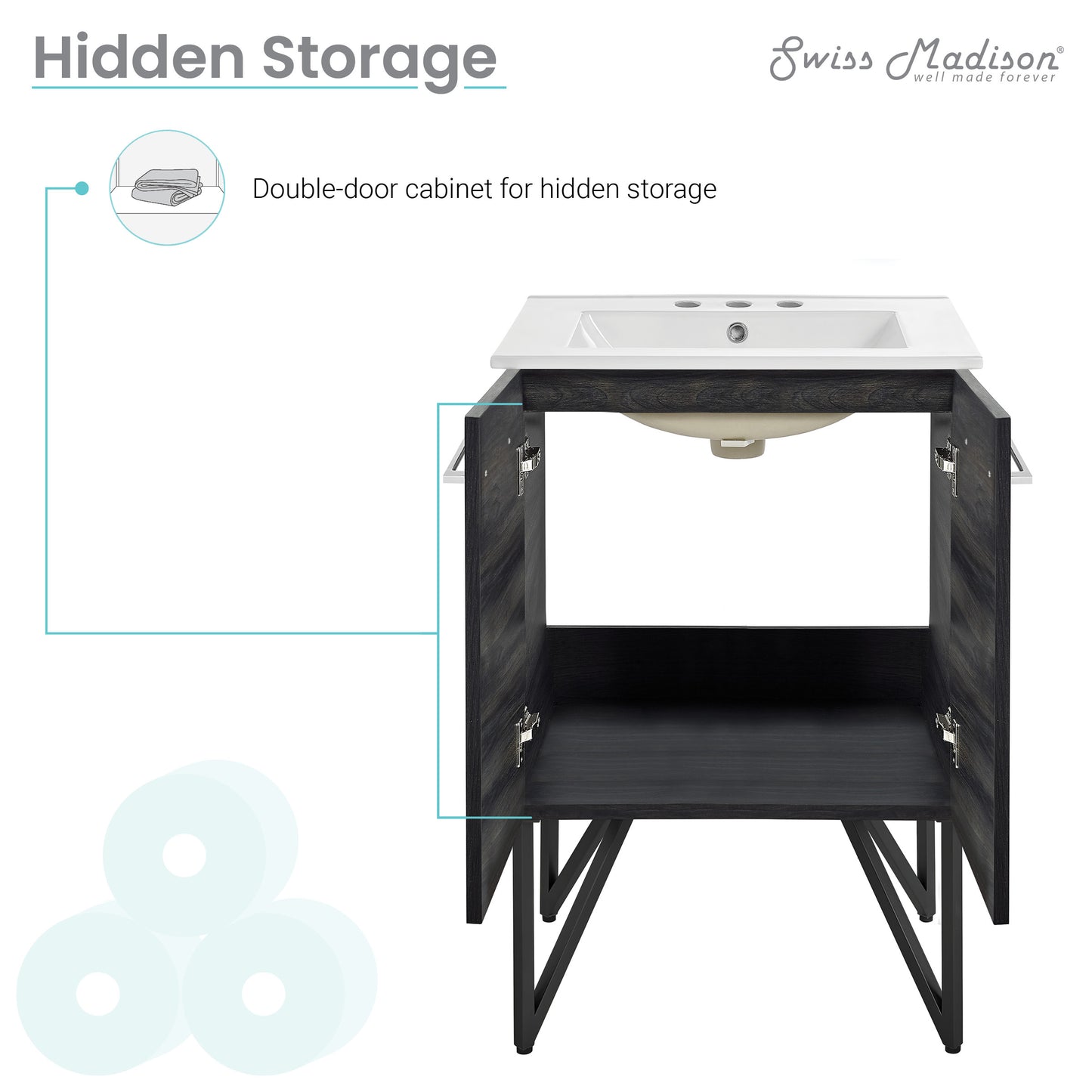 Swiss Madison, Annecy 24 in. Black Walnut Bathroom Vanity With White, 3-Hole Ceramic Sink Top