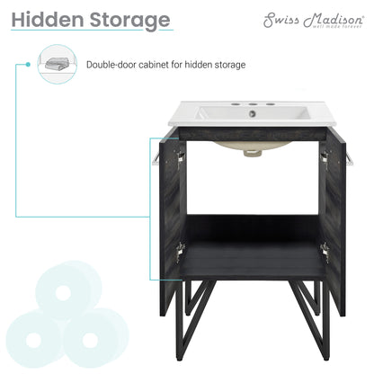 Swiss Madison, Annecy 24 in. Black Walnut Bathroom Vanity With White, 3-Hole Ceramic Sink Top