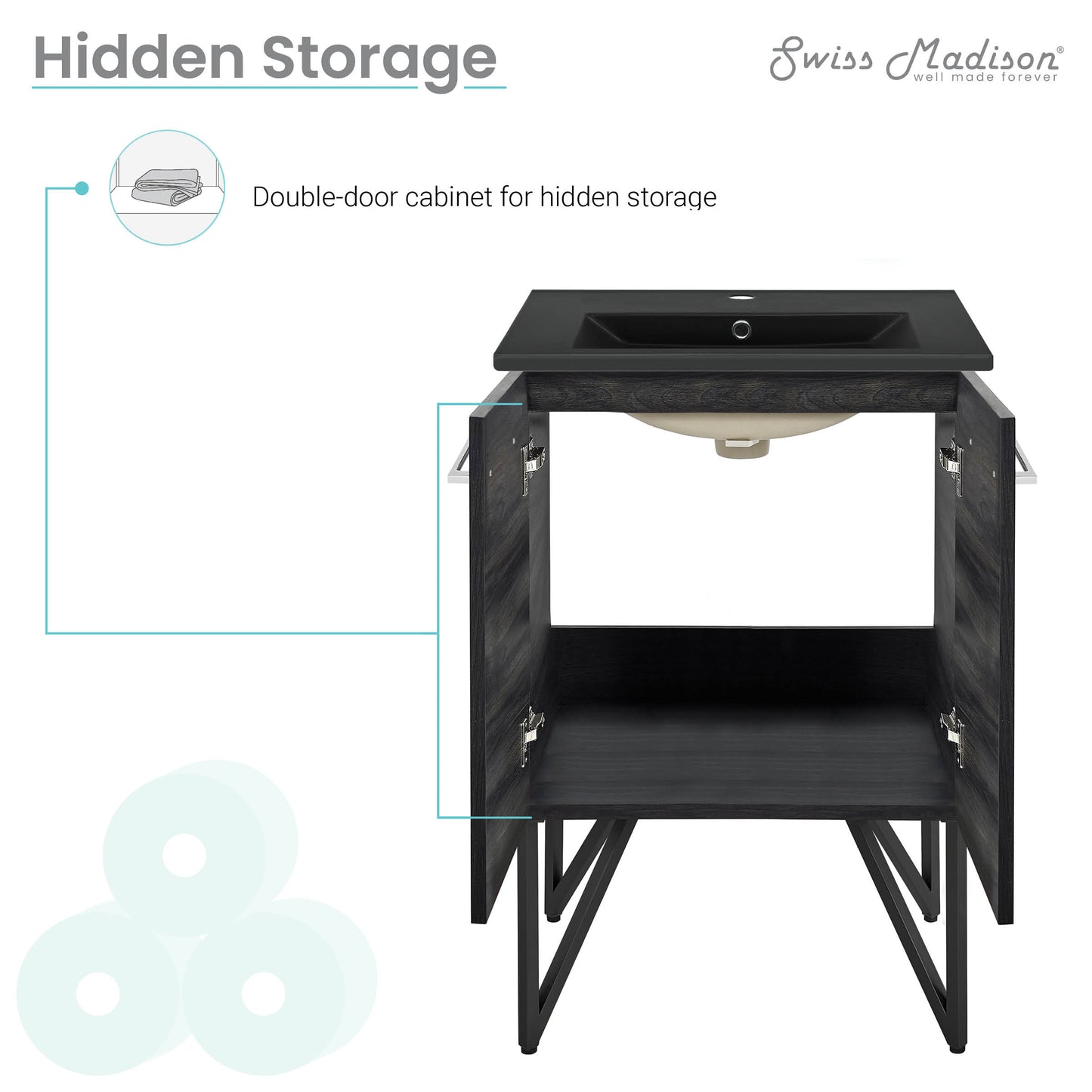 Swiss Madison, Annecy 24 in. Black Walnut Bathroom Vanity With Black Ceramic Sink Top