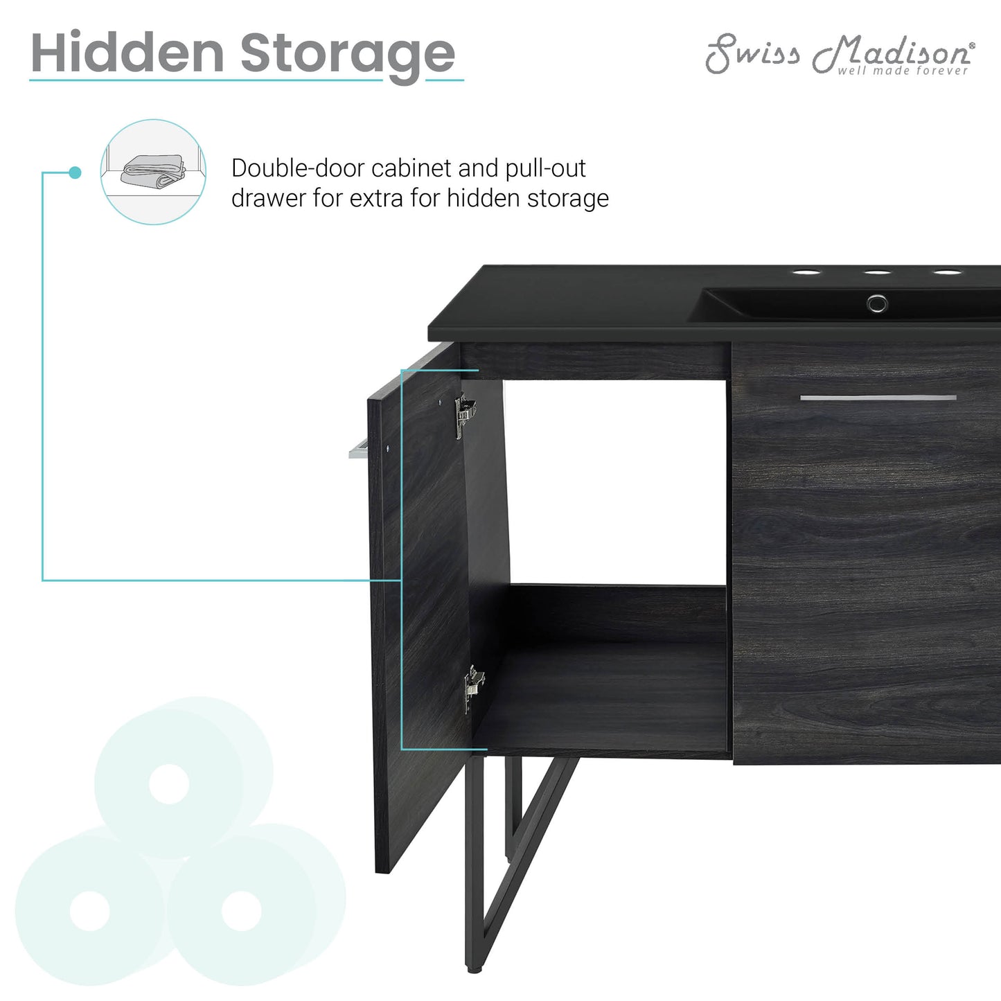 Swiss Madison, Annecy 48 in. Black Walnut Bathroom Vanity With Black, 3-Hole Ceramic Sink Top