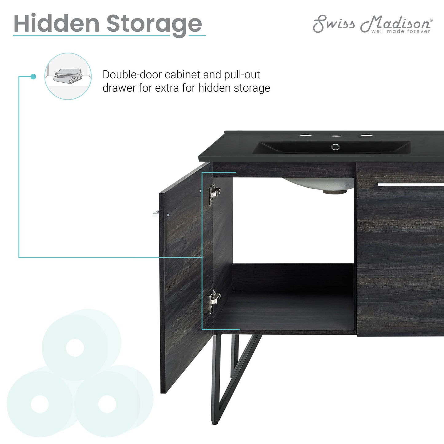 Swiss Madison, Annecy 60 in. Black Walnut, Double Basin Bathroom Vanity With Black, 3-Hole Artificial Stone Sink Top