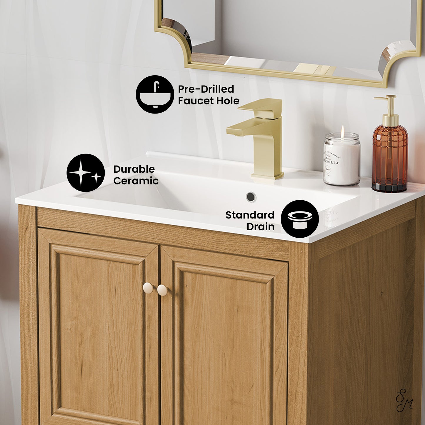 Swiss Madison, Chateau 24" Freestanding Bathroom Vanity in Golden Oak with Sink Top