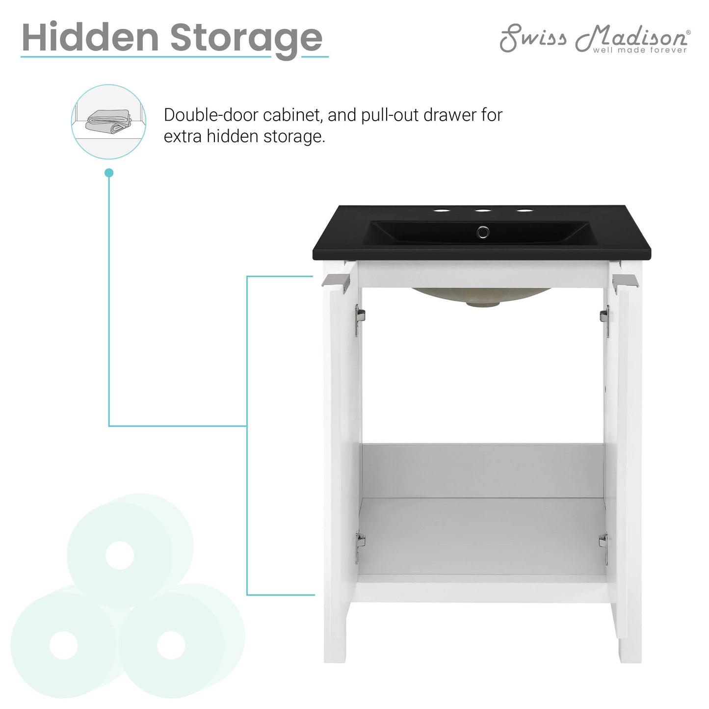 Swiss Madison, Bastille 24 in. White Bathroom Vanity With Black, 3-Hole Ceramic Sink Top