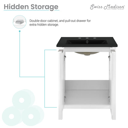 Swiss Madison, Bastille 24 in. White Bathroom Vanity With Black, 3-Hole Ceramic Sink Top