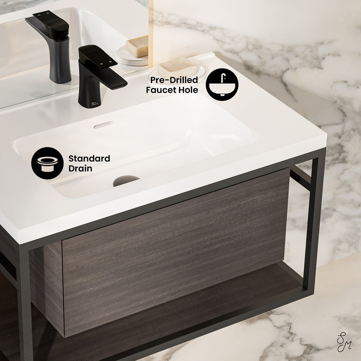 Swiss Madison, Claire 30" Wall-Mounted Bathroom Vanity in Black Oak with Sink Top