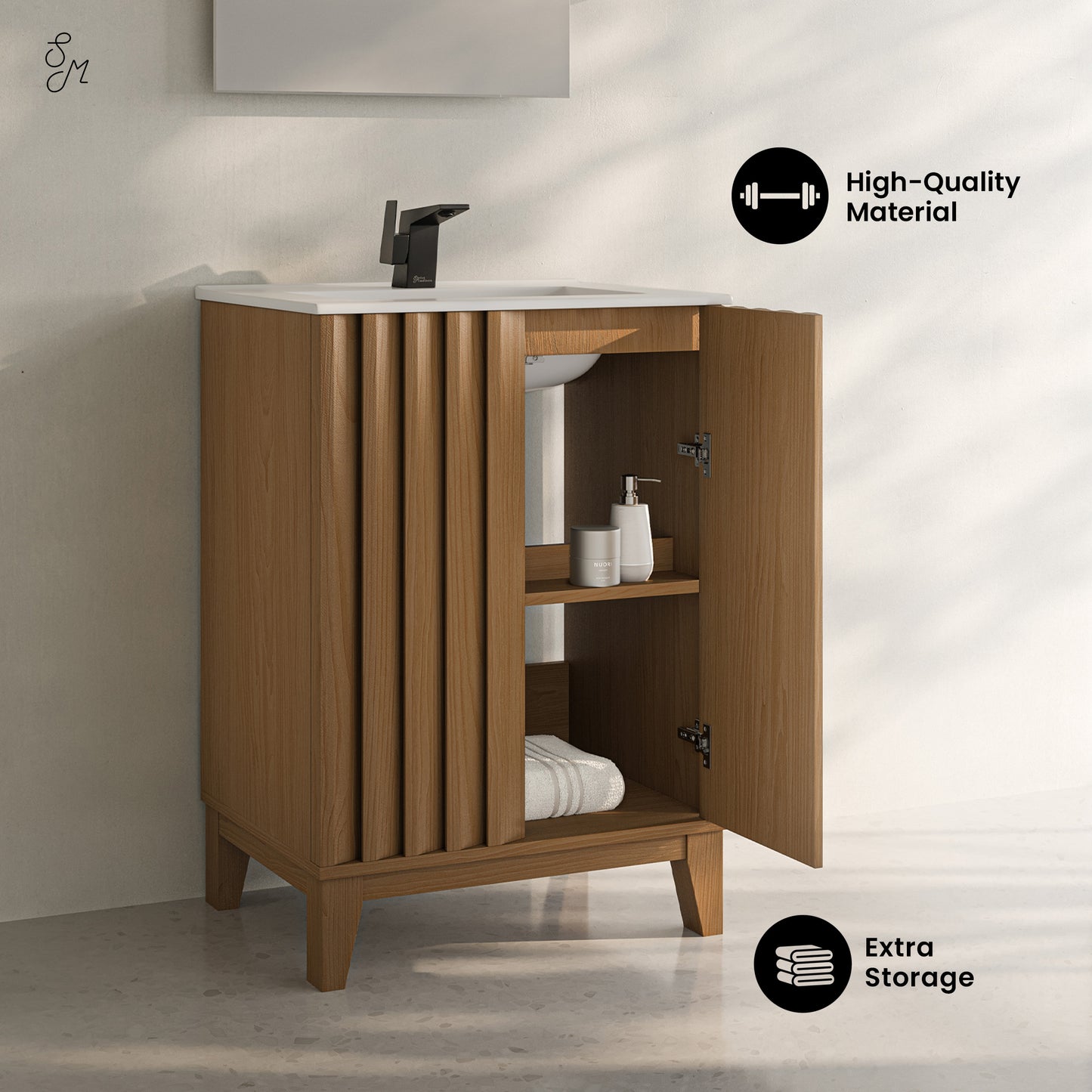 Swiss Madison, Troyes 24" Freestanding Bathroom Vanity in Brown Oak with Sink Top