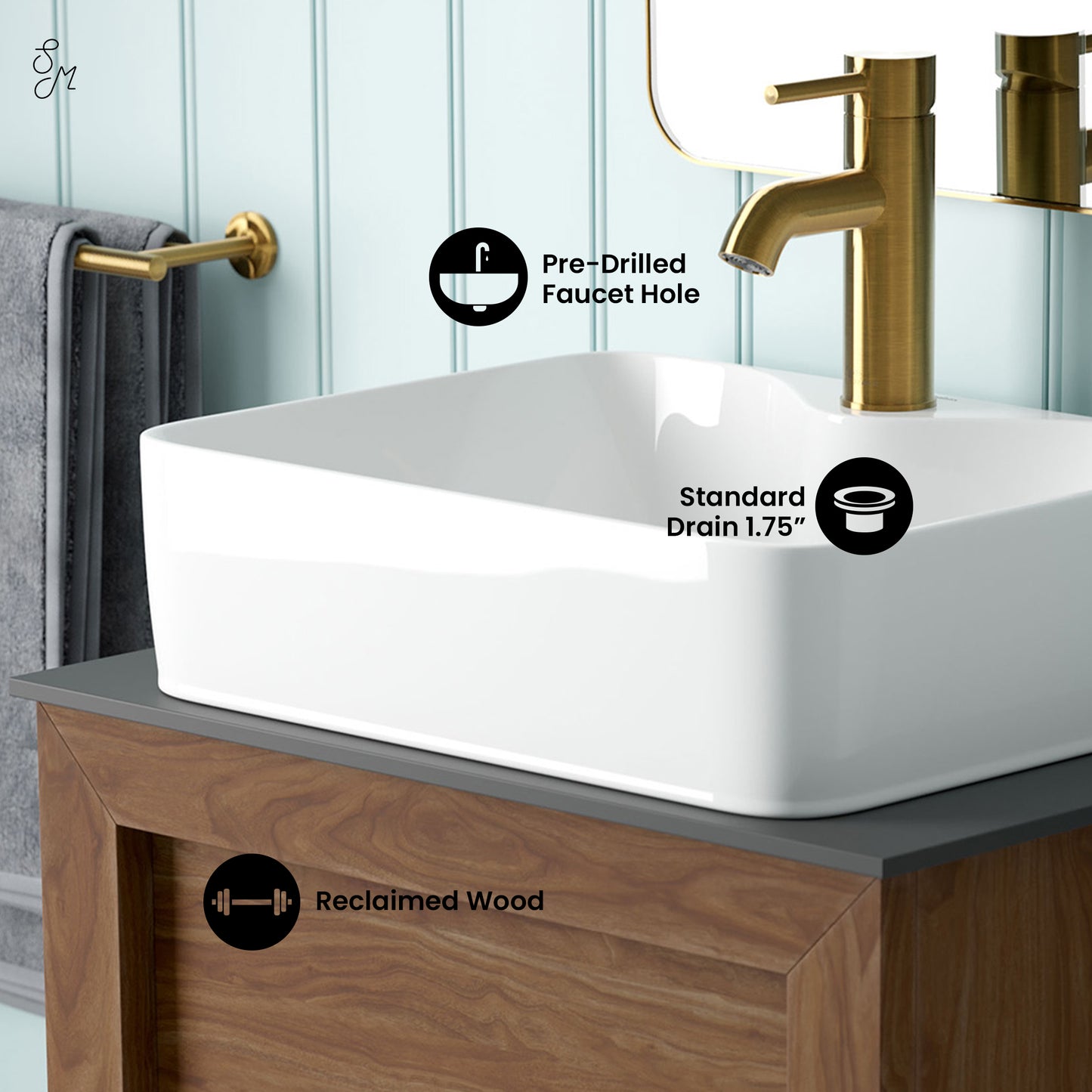 Swiss Madison, Rennes 24" Reclaimed Wood Vanity in Walnut with Slate Countertop and Single Hole Vessel Sink