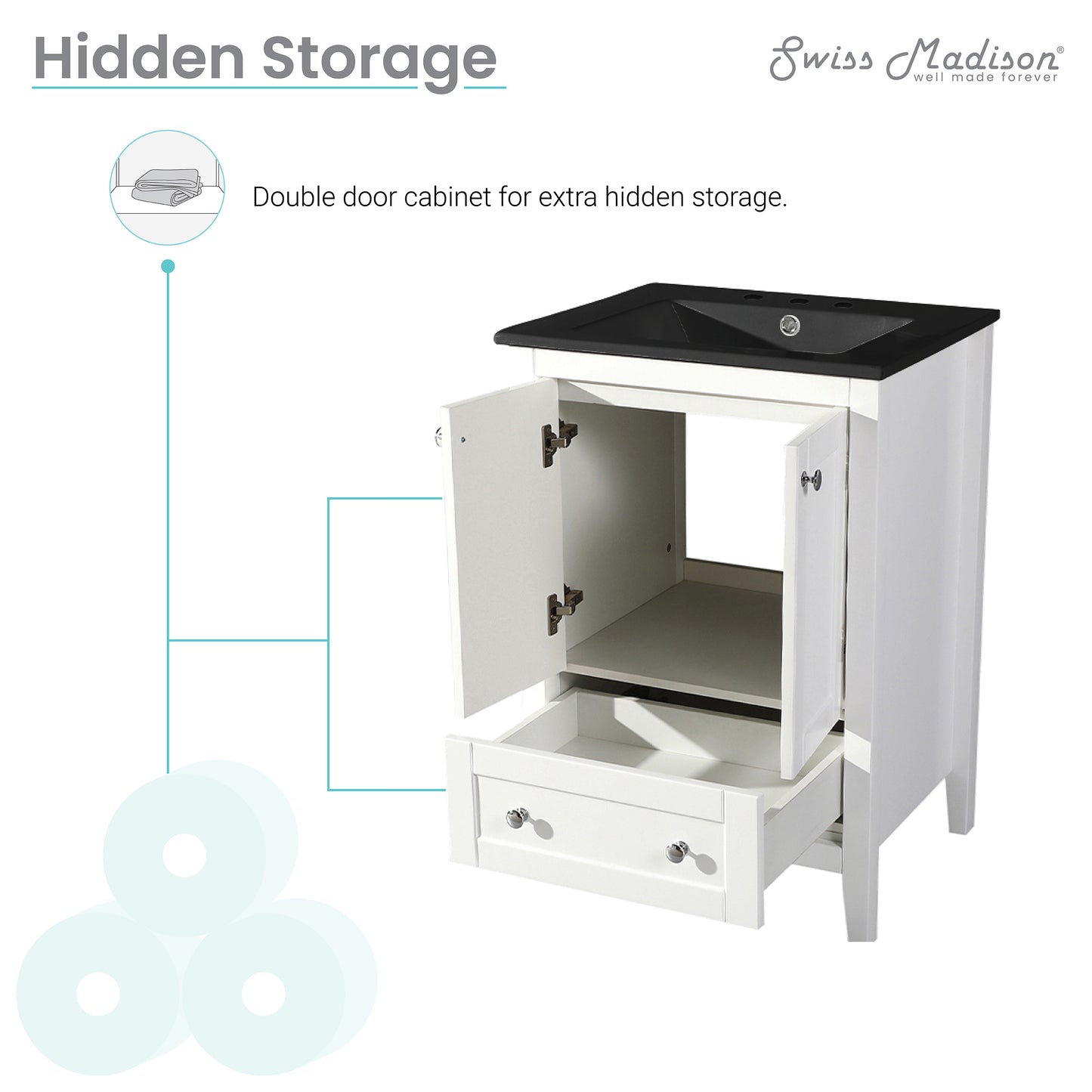 Swiss Madison, Cannes 24 in. White Bathroom Vanity With Black, 3-Hole Ceramic Sink Top