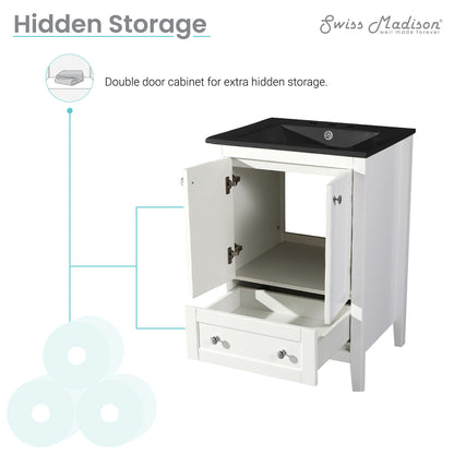 Swiss Madison, Cannes 24 in. White Bathroom Vanity With Black, 3-Hole Ceramic Sink Top