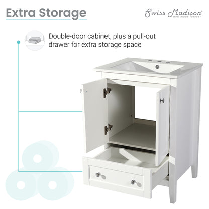 Swiss Madison, Cannes 24 in. White Bathroom Vanity With White, 3-Hole Ceramic Sink Top