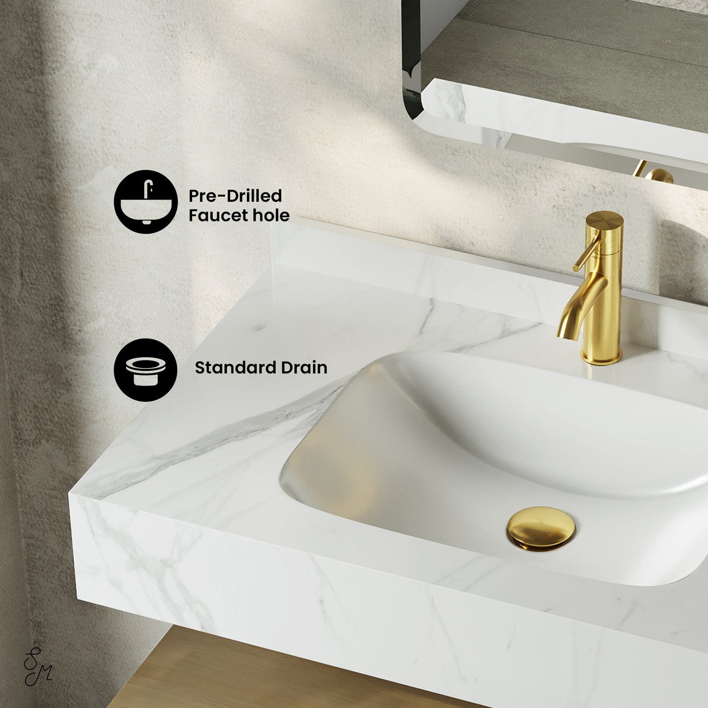 Swiss Madison, Avancer 36" Wall-Mounted Bathroom Vanity in Natural Oak with White Marble Sink Top