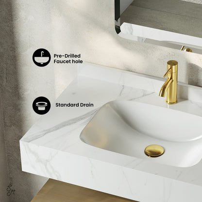 Swiss Madison, Avancer 36" Wall-Mounted Bathroom Vanity in Natural Oak with White Marble Sink Top