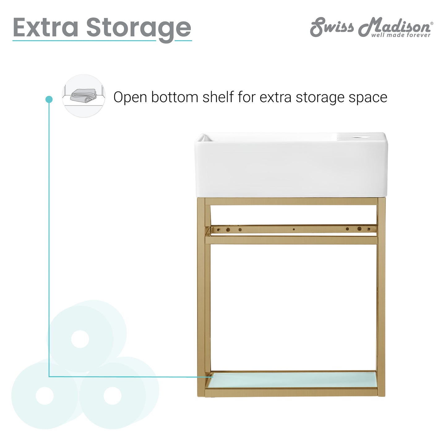 Swiss Madison, Pierre 19.5 Single, Open Shelf, Gold Metal Frame Bathroom Vanity