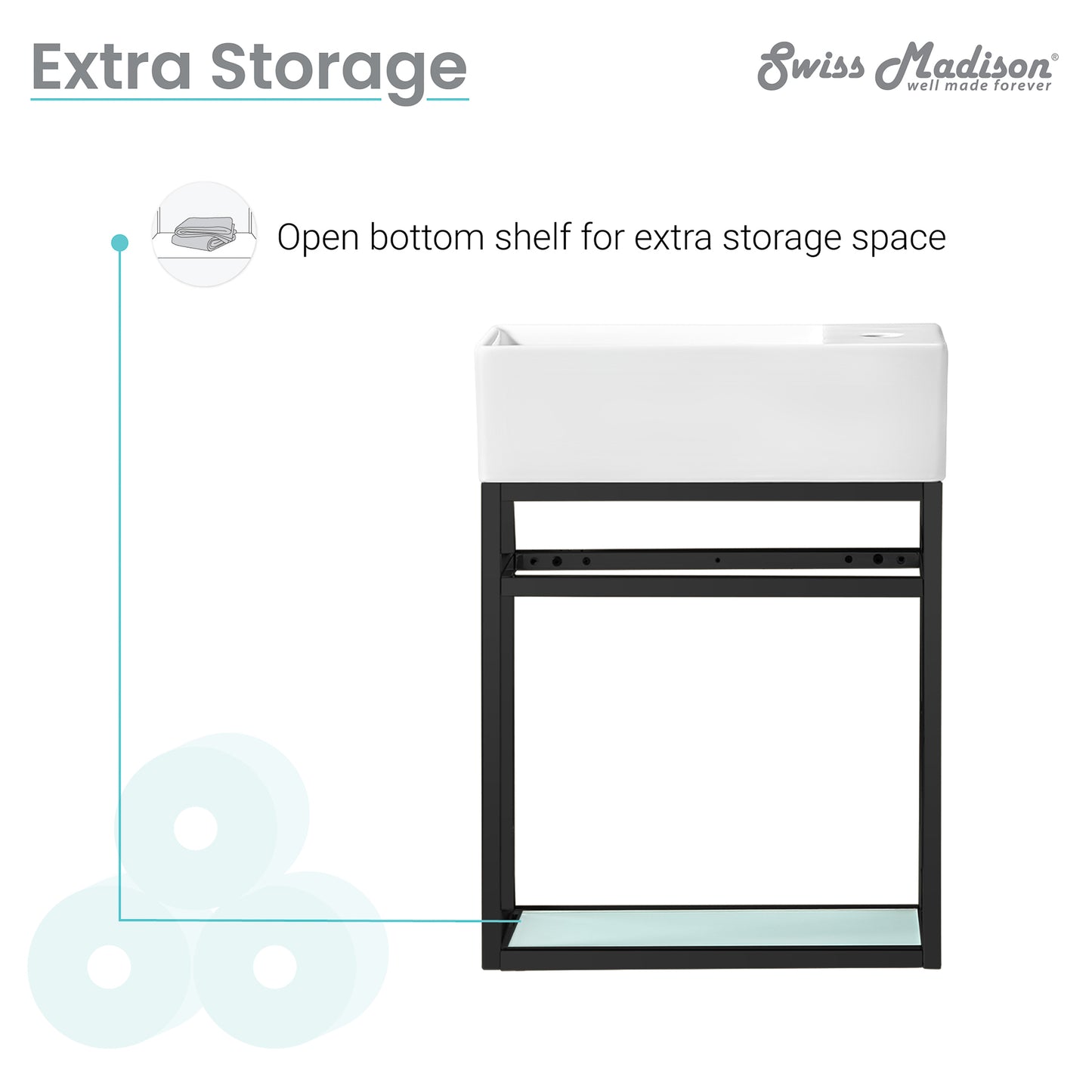 Swiss Madison, Pierre 19.5 Single, Metal Frame, Open Shelf, Bathroom Vanity