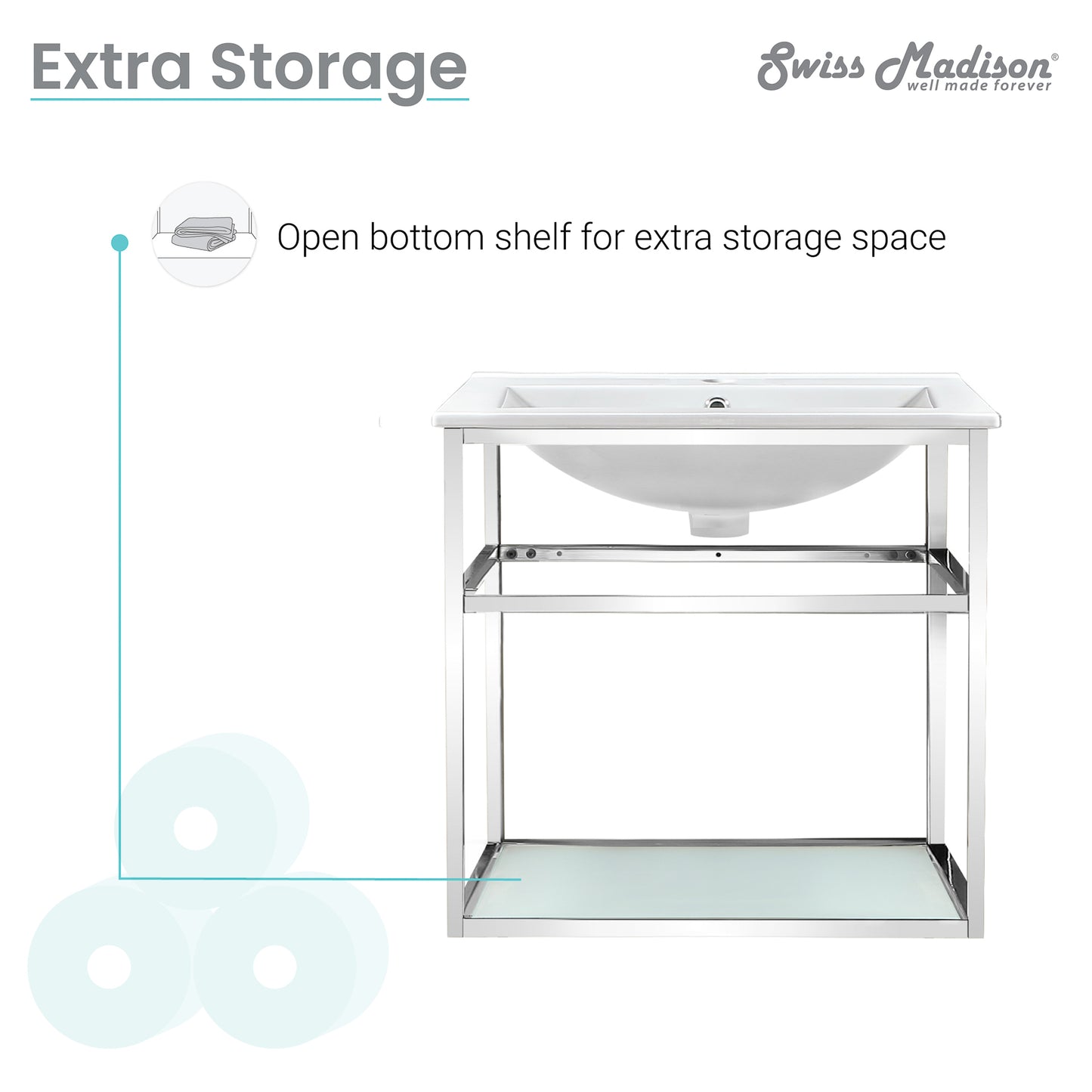 Swiss Madison, Pierre 24 Single, Open Shelf, Chrome Metal Frame Bathroom Vanity