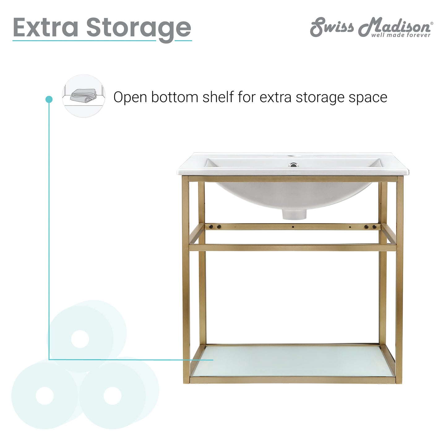 Swiss Madison, Pierre 24 Single, Open Shelf, Gold Metal Frame Bathroom Vanity