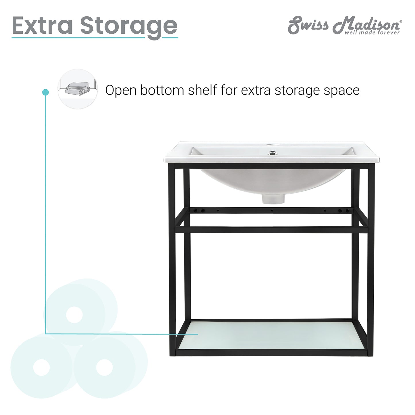 Swiss Madison, Pierre 24 Single, Metal Frame, Open Shelf, Bathroom Vanity