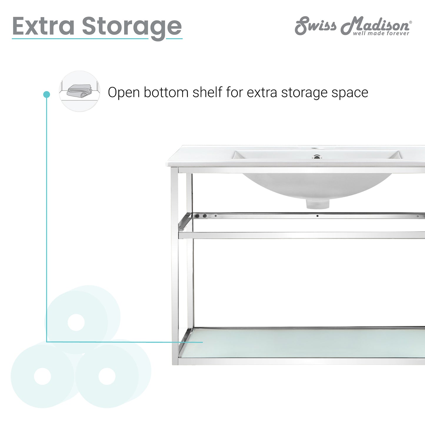 Swiss Madison, Pierre 30 Single, Open Shelf, Chrome Metal Frame Bathroom Vanity