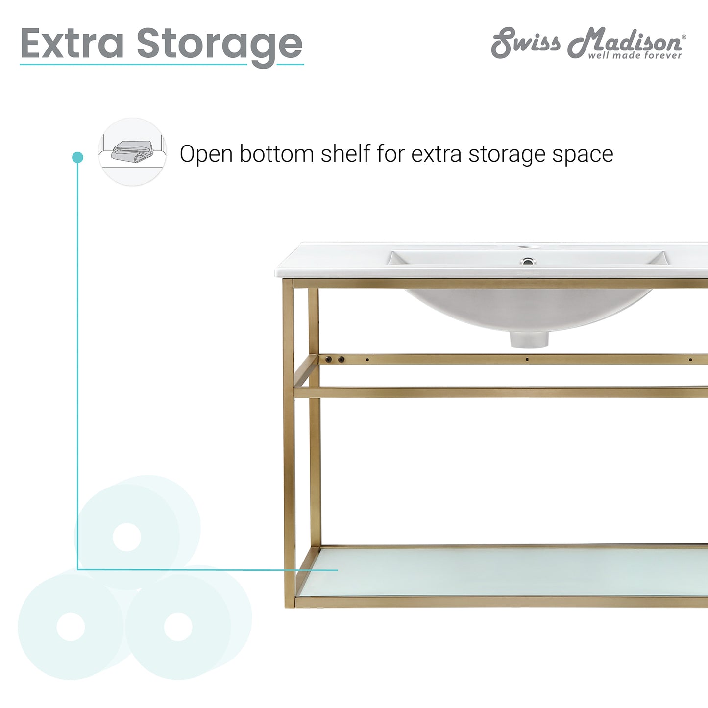 Swiss Madison, Pierre 30 Single, Open Shelf, Gold Metal Frame Bathroom Vanity
