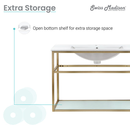 Swiss Madison, Pierre 30 Single, Open Shelf, Gold Metal Frame Bathroom Vanity