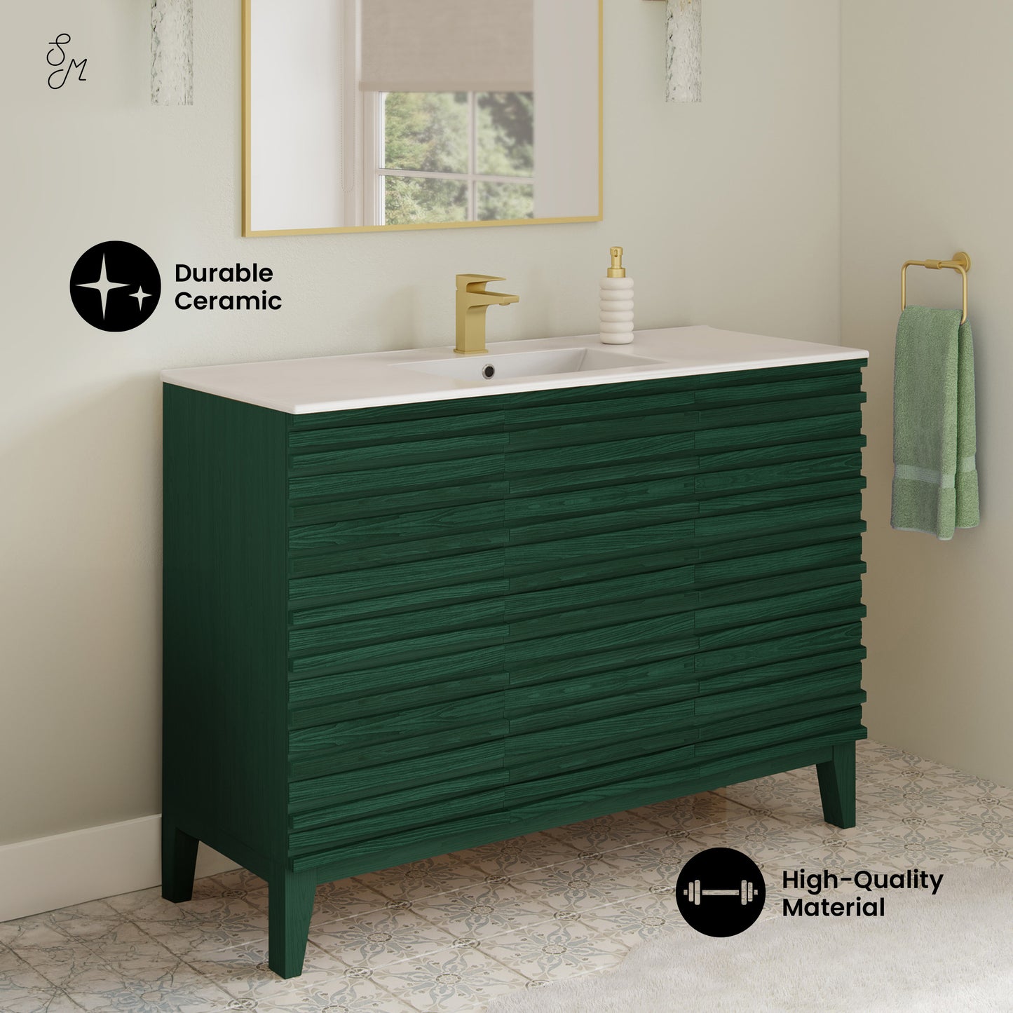 Swiss Madison, Cascade 48" Freestanding Bathroom Vanity in Green Oak with Sink Top
