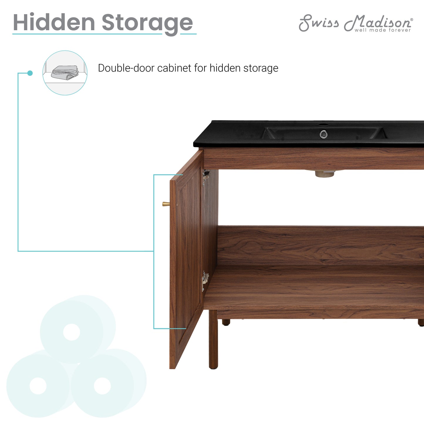 Swiss Madison, Classe 36" Freestanding Bathroom Vanity in Brown Oak with Black Sink Top