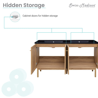 Swiss Madison, Classe 60" Freestanding Bathroom Vanity in Golden Oak with Black Double Basin Sink Top