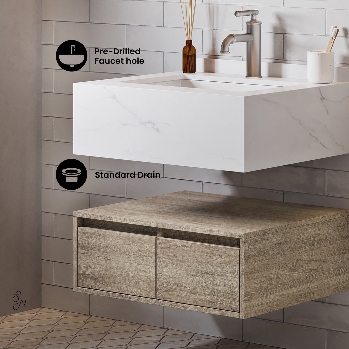 Swiss Madison, Avancer 24" Wall-Mounted Bathroom Vanity in Weathered Oak with Sink Top