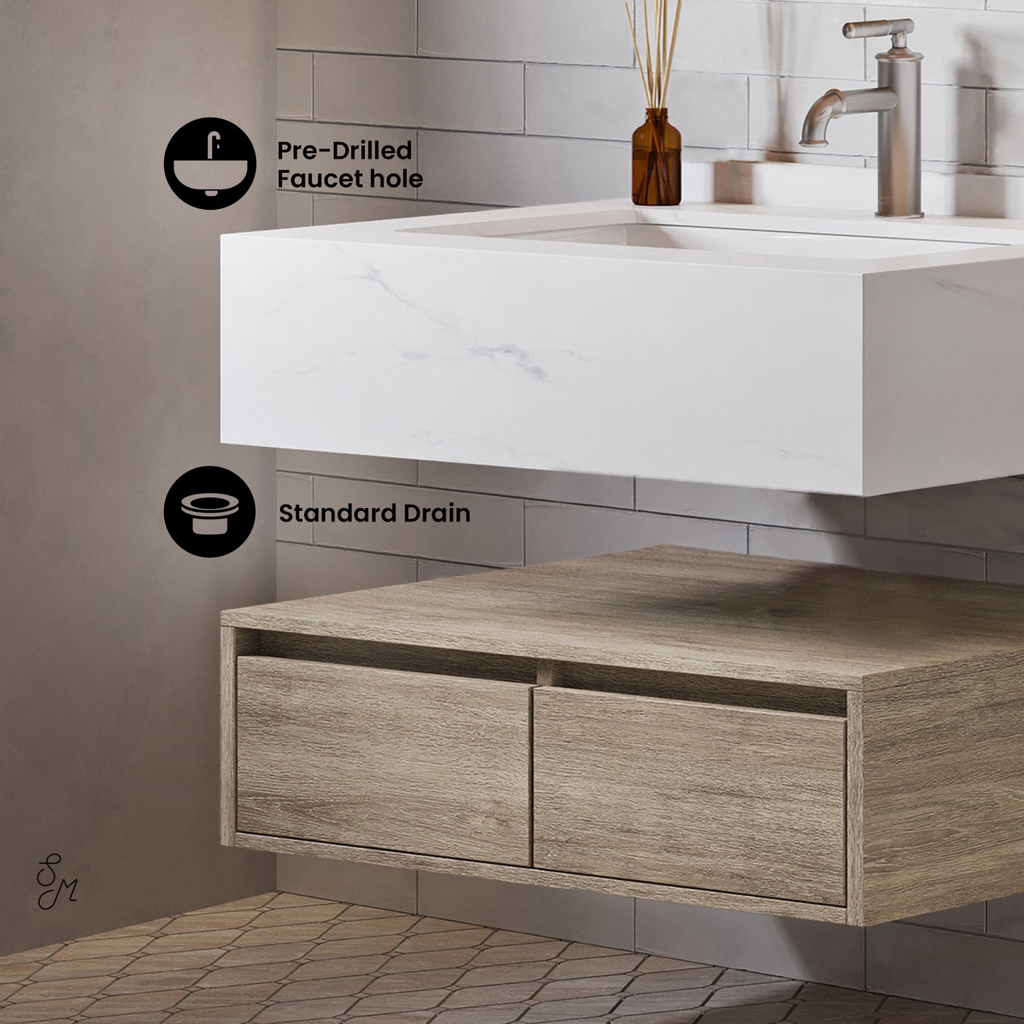 Swiss Madison, Avancer 36" Wall-Mounted Bathroom Vanity in Weathered Oak with Sink Top